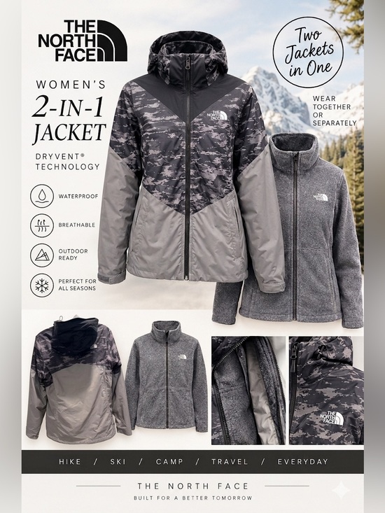 The North Face Jackets & Blazers - The North Face 2-in-1 DryVent Jacket Womens Medium Gray Camo Fleece
